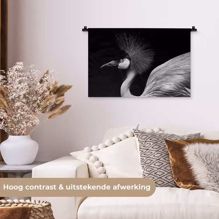 Kraanvogel - Zwart - Wit - Vogel - Dieren Wandkleed katoen klein -sfeer1