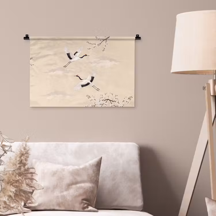 Kraanvogels - Bloesem - Beige Wandkleed katoen klein -sfeer4