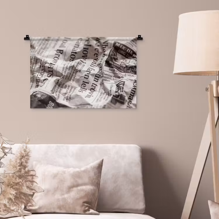 Krant - Gekreukeld - Textuur - Vintage - Zwart-wit Wandkleed katoen klein -sfeer4
