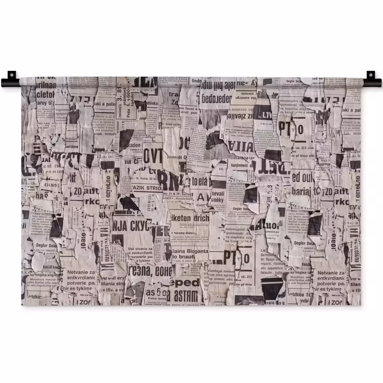 Krant - Gescheurd - Textuur - Abstract - Zwart-wit Wandkleed katoen klein -zz3d