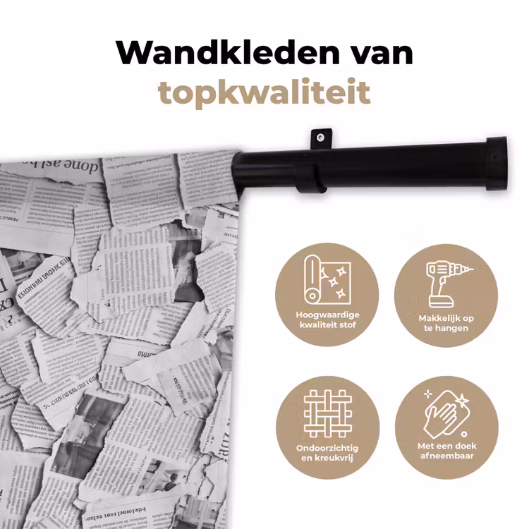 Krant - Versnipperd - Textuur - Zwart-wit - Abstract Wandkleed katoen klein -sfeer2