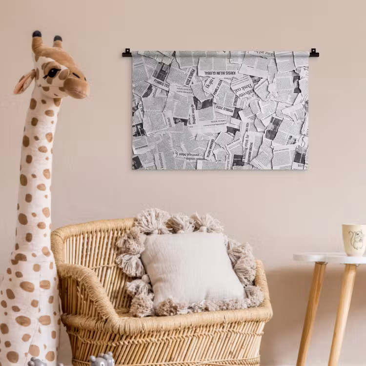 Krant - Versnipperd - Textuur - Zwart-wit - Abstract Wandkleed katoen klein -wsfeer5_kind