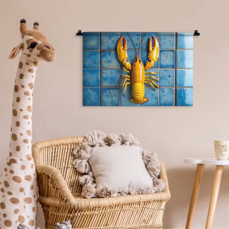 Kreeft - Geel - Blauw - Tegels Wandkleed katoen klein -wsfeer5_kind