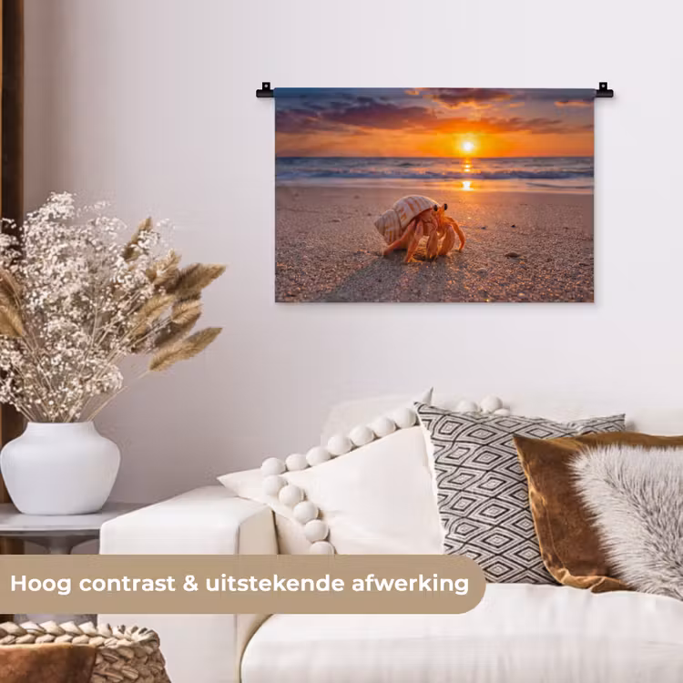 Kreeft - Strand - Natuur - Zonsondergang - Oranje Wandkleed katoen klein -sfeer1