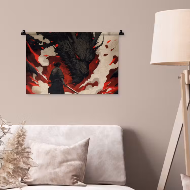 Krijger - Draak - Zwart - Rood - Rook Wandkleed katoen klein -sfeer4