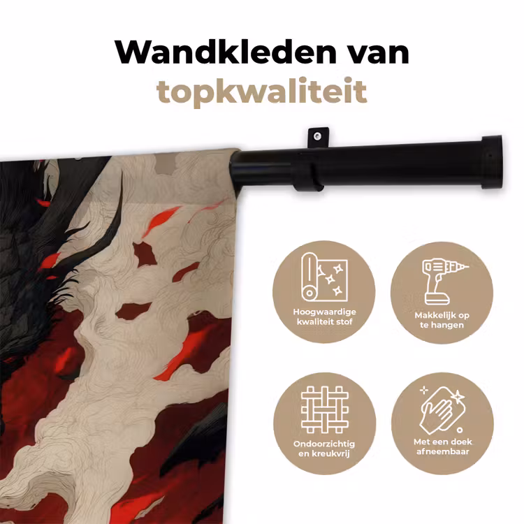 Krijger - Draak - Zwart - Rood - Rook Wandkleed katoen klein -sfeer2