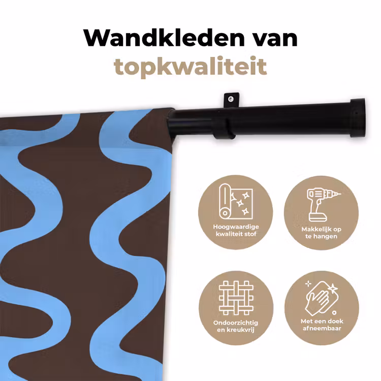 Kronkelende lijnen - Blauw - Bruin - Minimalistisch Wandkleed katoen klein 269 -sfeer2