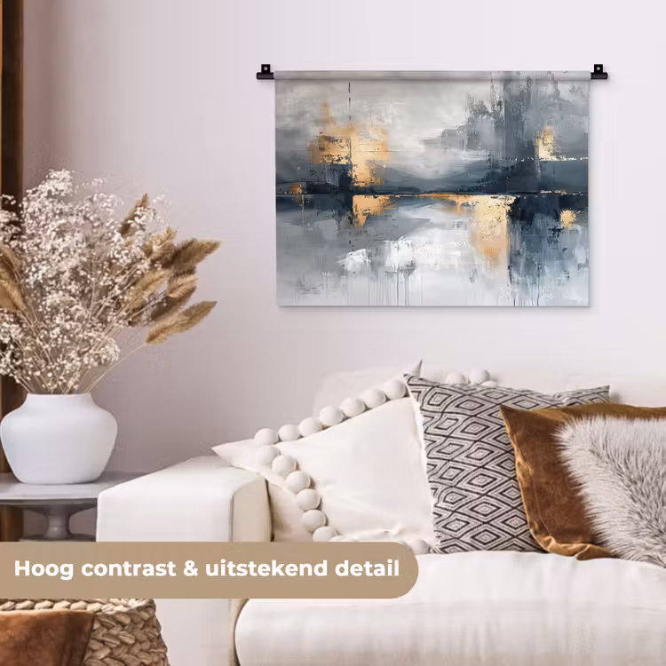 Kunst - Grijs - Goud - Abstract Wandkleed katoen klein -sfeer1