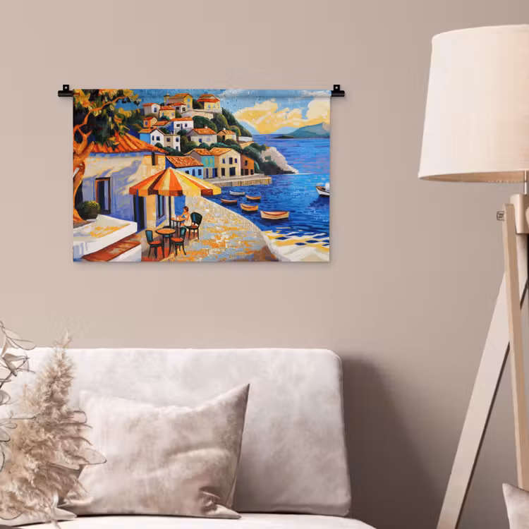 Kustdorp - Huisjes - Mozaïek - Zee Wandkleed katoen klein -sfeer4