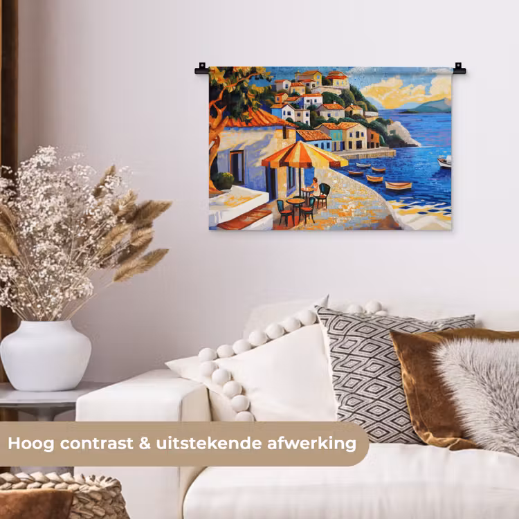 Kustdorp - Huisjes - Mozaïek - Zee Wandkleed katoen klein -sfeer1