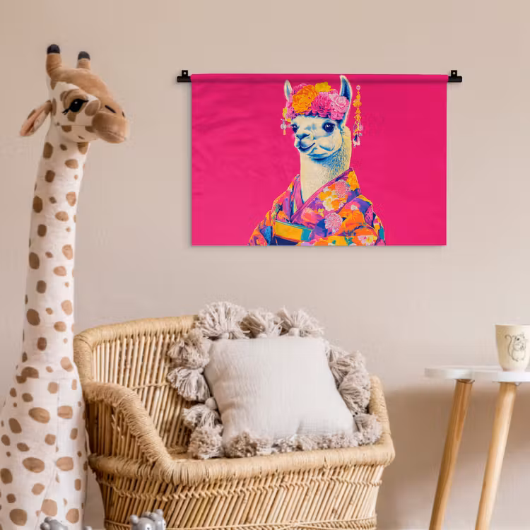 Lama - Kimono - Bloemenkrans - Felroze Wandkleed katoen klein -wsfeer5_kind