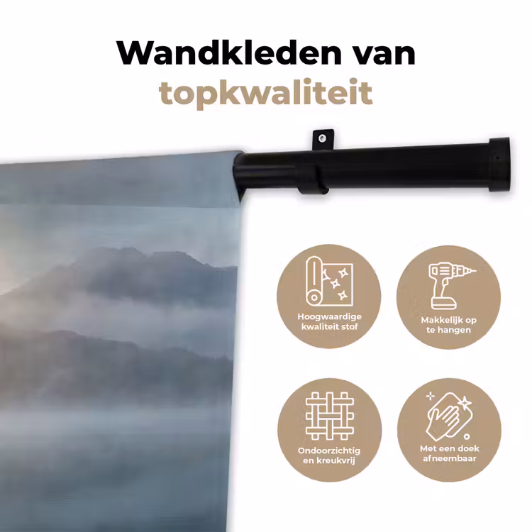 Landschap - Bergen - Mist - Water - Natuur Wandkleed katoen klein -sfeer2