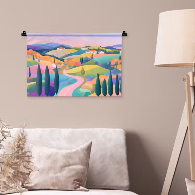 Landschap - Paars - Pastel - Huizen Wandkleed katoen klein -sfeer4