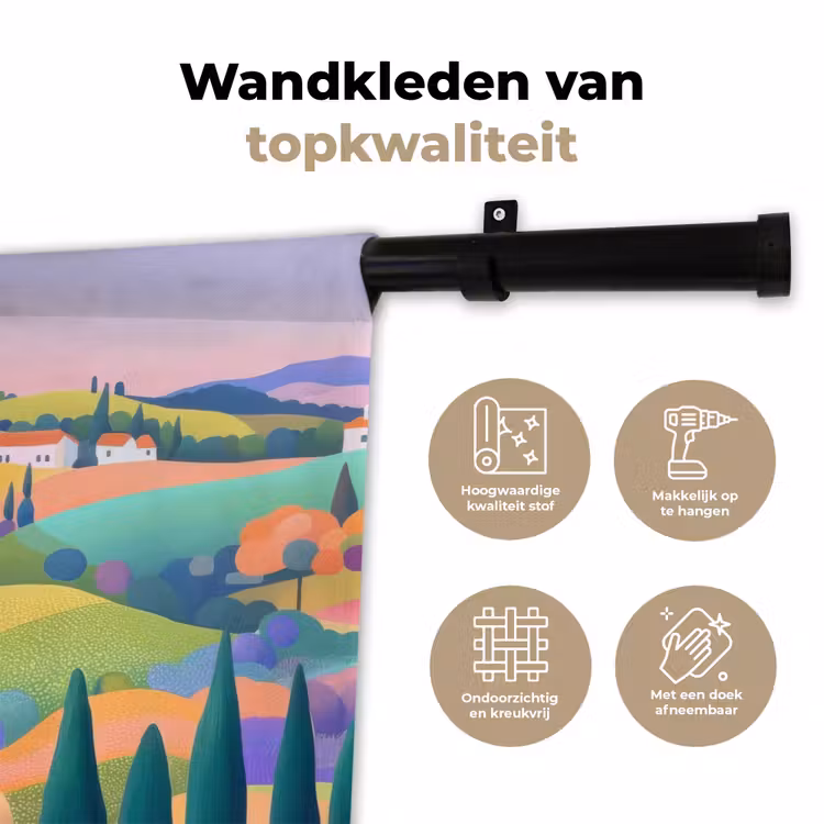 Landschap - Paars - Pastel - Huizen Wandkleed katoen klein -sfeer2