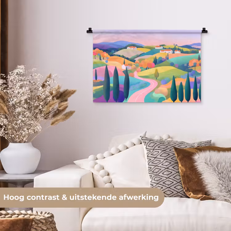 Landschap - Paars - Pastel - Huizen Wandkleed katoen klein -sfeer1