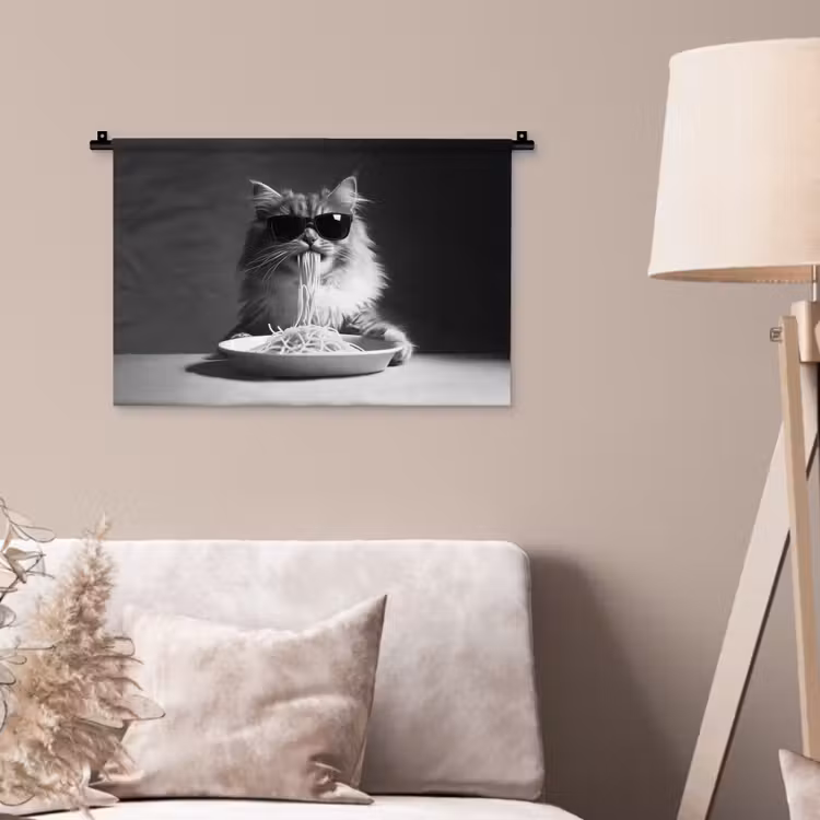 Langharige kat - Zonnebril - Spaghetti - Humor - Zwart - wit Wandkleed katoen klein -sfeer4