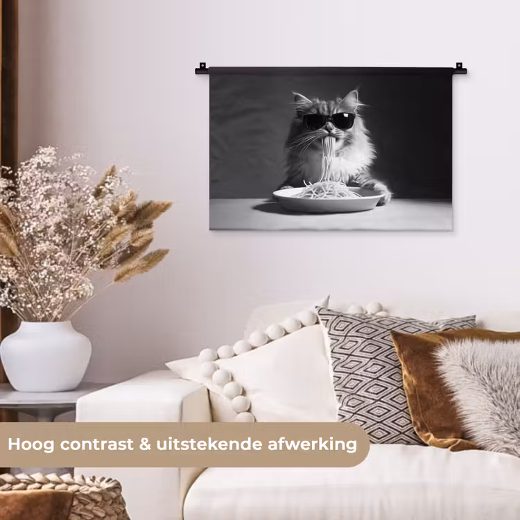 Langharige kat - Zonnebril - Spaghetti - Humor - Zwart - wit Wandkleed katoen klein -sfeer1
