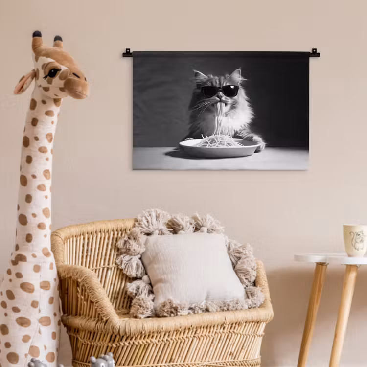 Langharige kat - Zonnebril - Spaghetti - Humor - Zwart - wit Wandkleed katoen klein -wsfeer5_kind