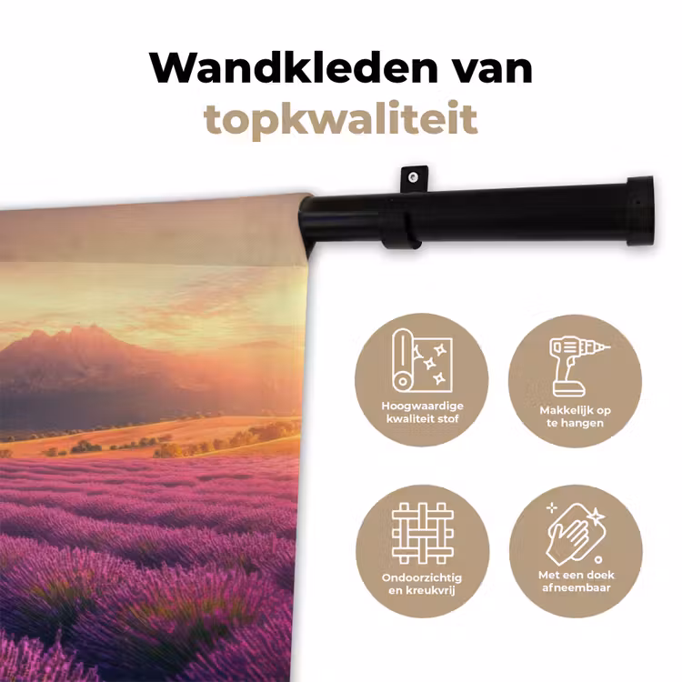 Lavendelveld - Quote - Zonsondergang Wandkleed katoen klein -sfeer2