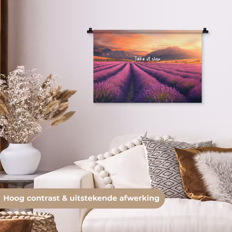 Lavendelveld - Quote - Zonsondergang Wandkleed katoen klein -sfeer1
