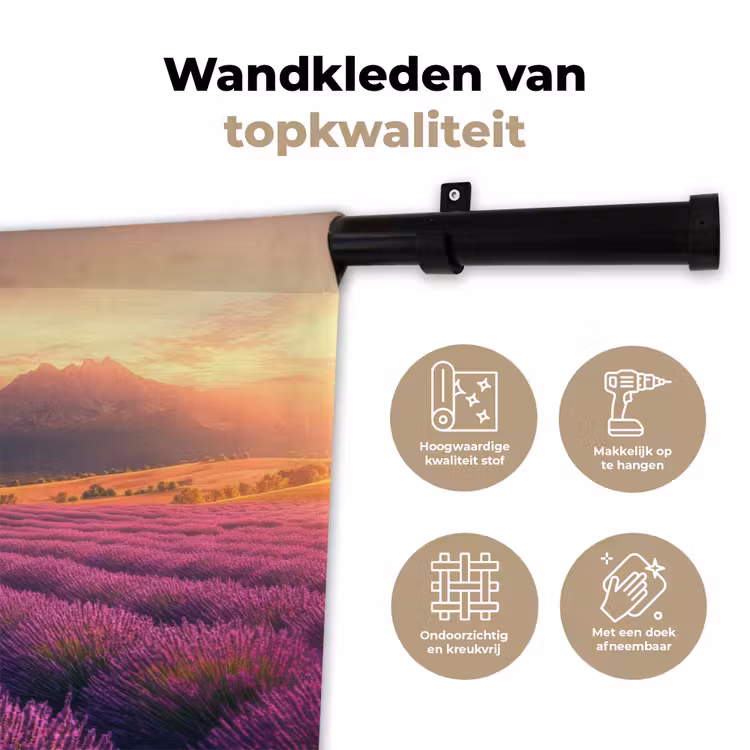 Lavendelveld - Zonsondergang - Paars Wandkleed katoen klein -sfeer2