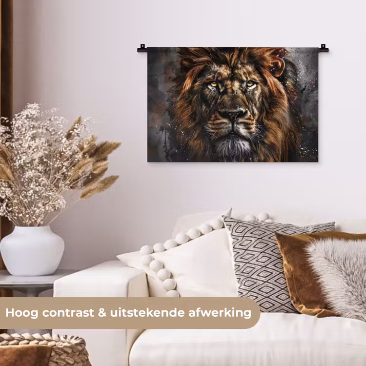 Leeuw - Dieren - Portret - Zwart - Luxe Wandkleed katoen klein -sfeer1