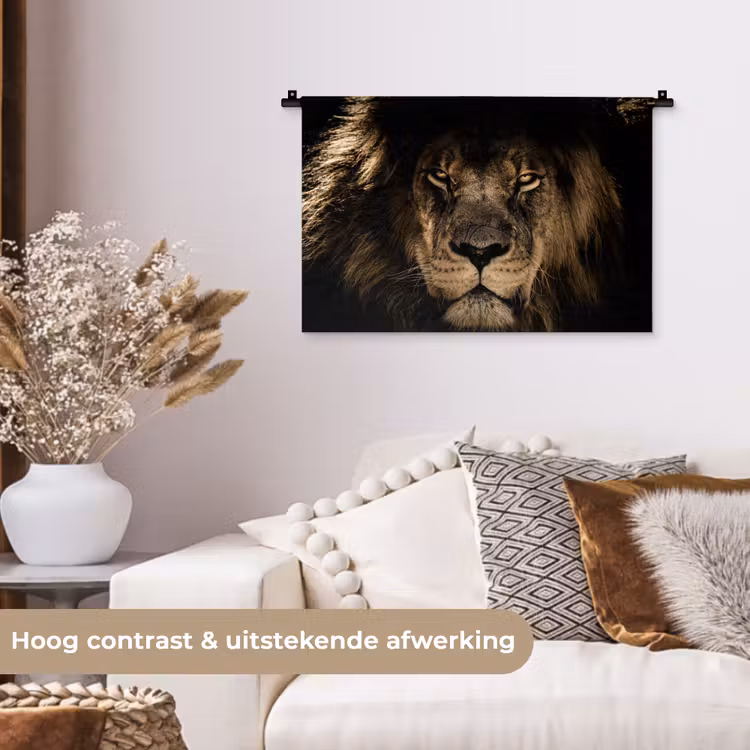 Leeuw - Dieren - Zwart - Portret Wandkleed katoen klein -sfeer1