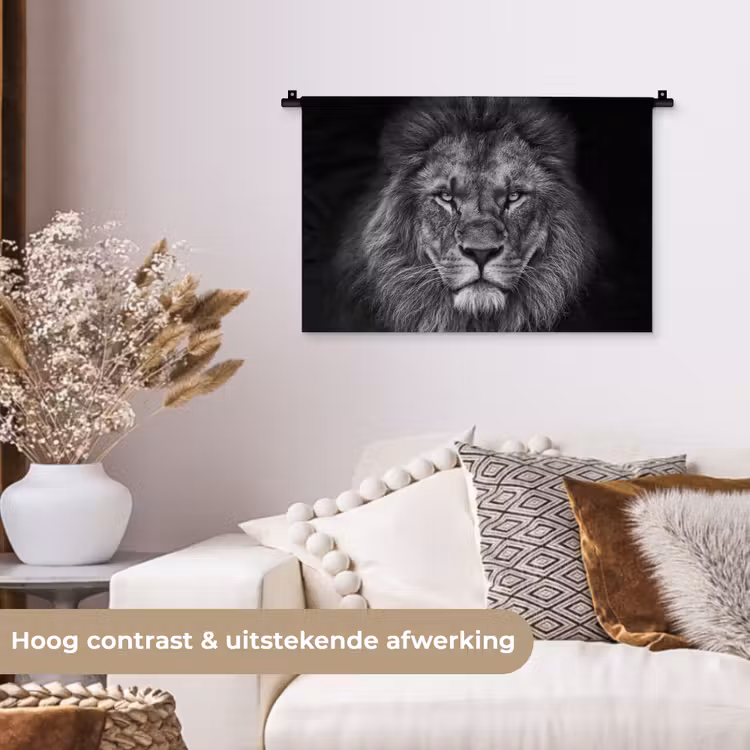 Leeuw - Dieren - Zwart - Wit Wandkleed katoen klein -sfeer1