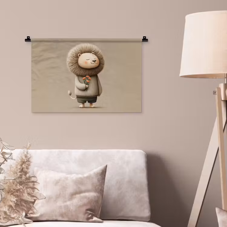Leeuw - Oranje bloemen - Vriendelijk Wandkleed katoen klein -sfeer4