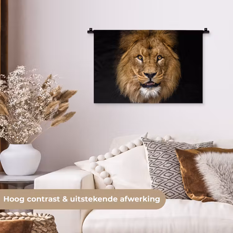 Leeuw - Portret - Zwart - Dieren Wandkleed katoen klein -sfeer1