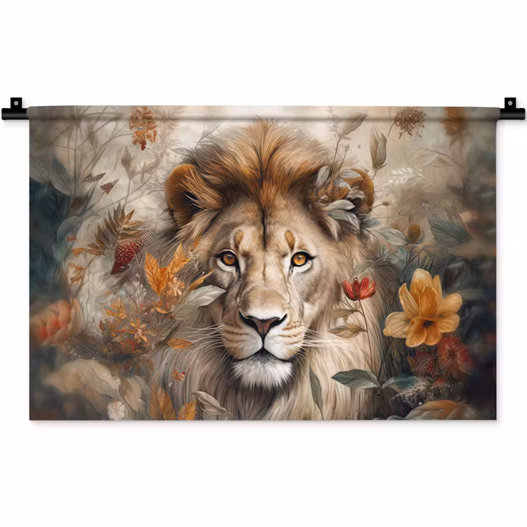 Leeuw - Wilde dieren - Planten - Natuur - Bloemen Wandkleed katoen klein -zz3d