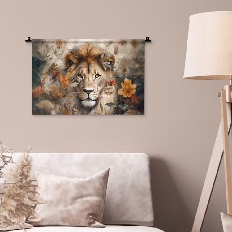 Leeuw - Wilde dieren - Planten - Natuur - Bloemen Wandkleed katoen klein -sfeer4