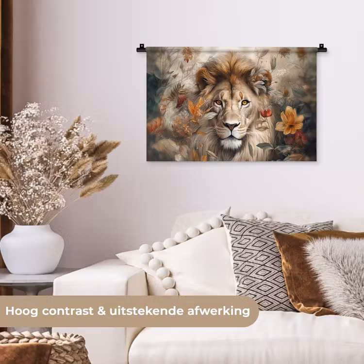 Leeuw - Wilde dieren - Planten - Natuur - Bloemen Wandkleed katoen klein -sfeer1