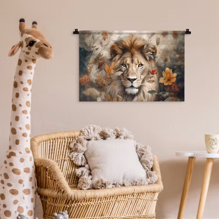 Leeuw - Wilde dieren - Planten - Natuur - Bloemen Wandkleed katoen klein -wsfeer5_kind