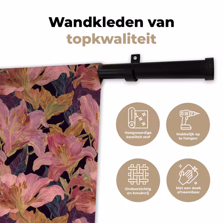 Lelies - Patroon - Roze - Goud Wandkleed katoen klein 269 -sfeer2