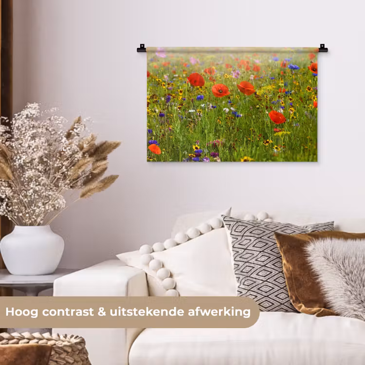 Lente - Bloemen - Rood - Klaproos - Gras - Groen Wandkleed katoen klein -sfeer1