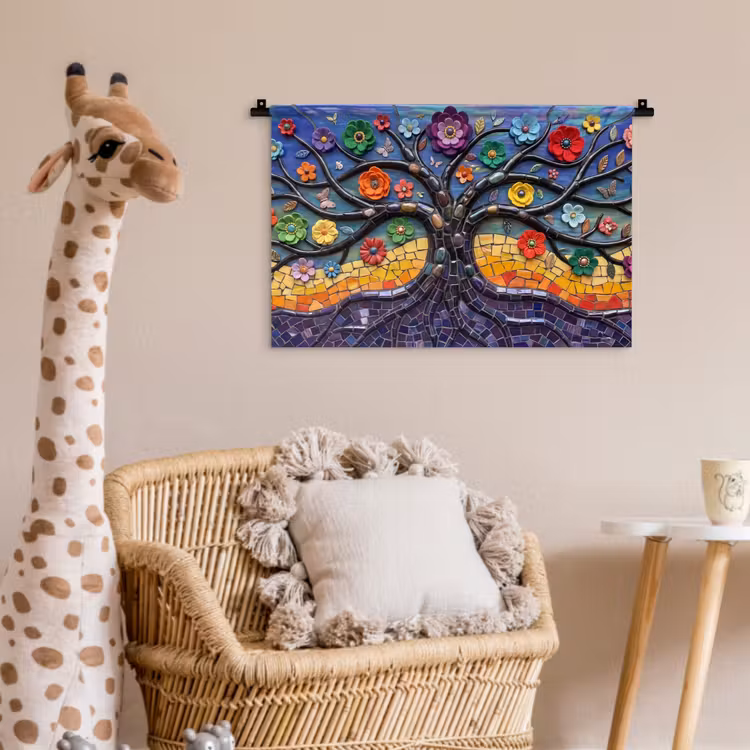 Levensboom - Mozaïek - Bloemen - Kleurrijk - Vrolijk Wandkleed katoen klein -wsfeer5_kind