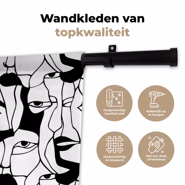 Lijnen - Gezichten - Zwart - Wit Wandkleed katoen klein 269 -sfeer2