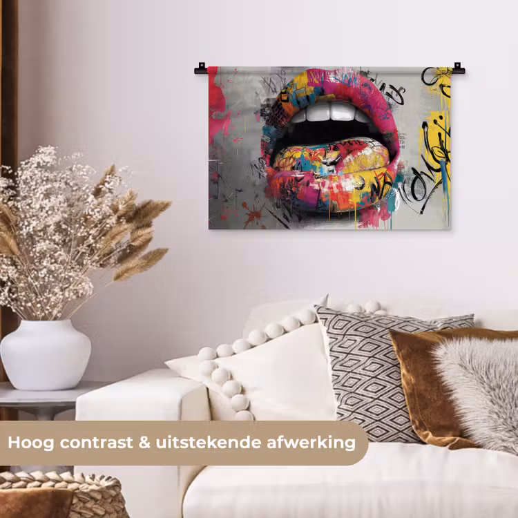 Lippen - Graffiti - Expressief Wandkleed katoen klein -sfeer1
