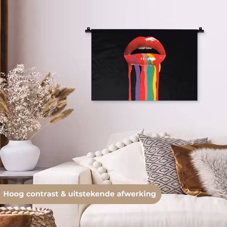 Lippen - Kleuren - Zwart Wandkleed katoen klein -sfeer1