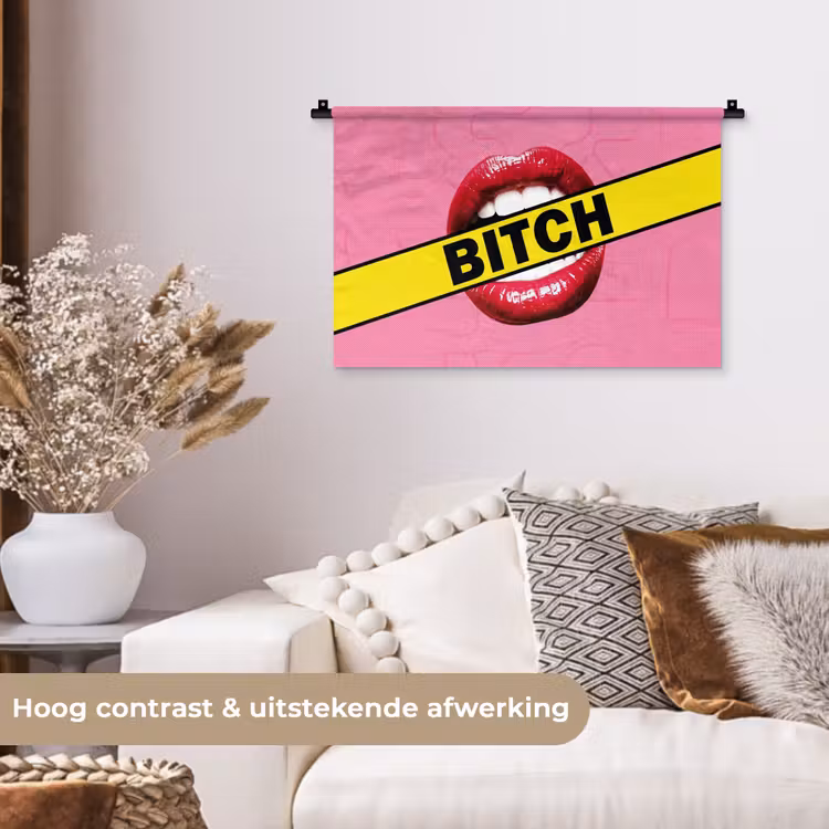 Lippen - Tekst - Kleurrijk Wandkleed katoen klein -sfeer1