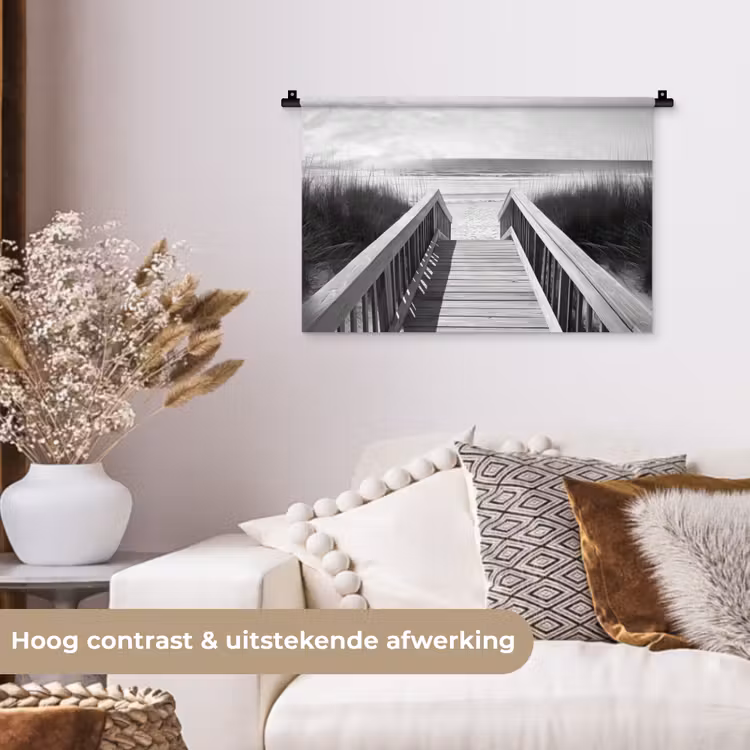 Loopbrug - Hout - Strand - Zee Wandkleed katoen klein -sfeer1