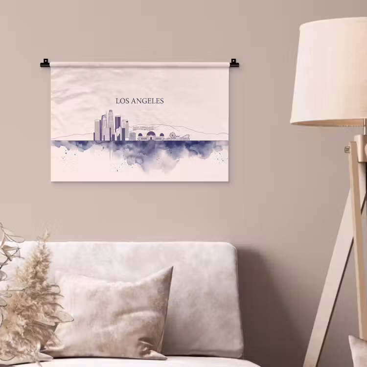 Los Angeles - Skyline - Architectuur - Aquarel - Blauw Wandkleed katoen klein -sfeer4