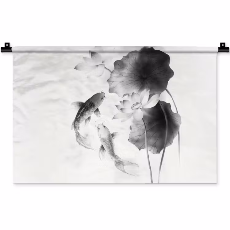 Lotusbloemen - Vissen - Bladeren - Zwart Wandkleed katoen klein -zz3d