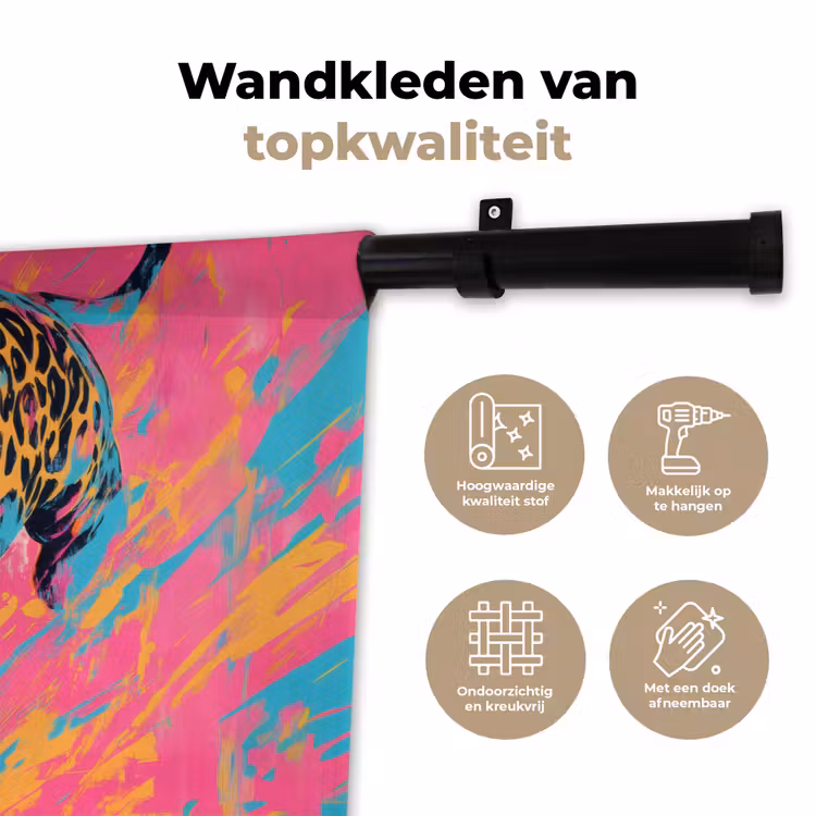 Luipaard - Roze - Oranje - Blauw - Verf Wandkleed katoen klein -sfeer2