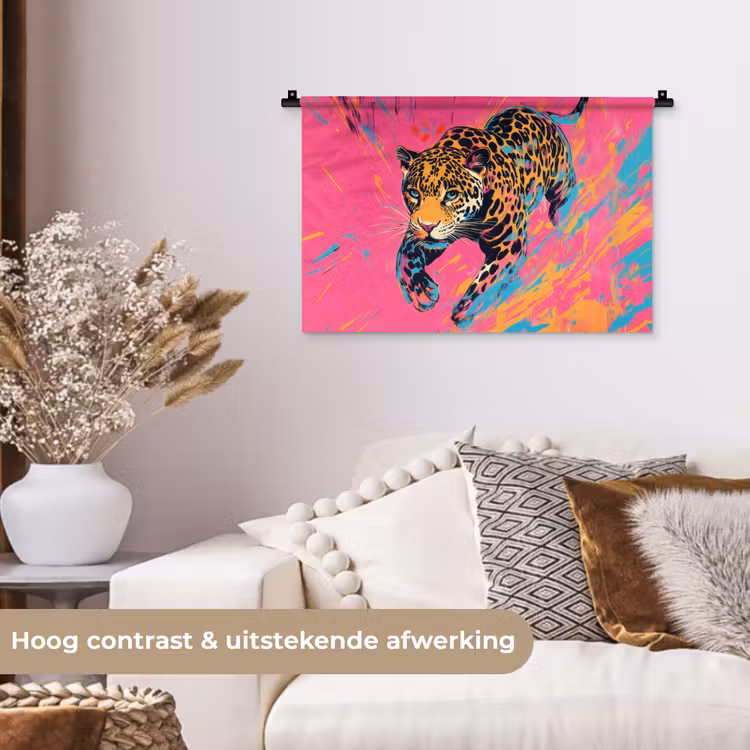 Luipaard - Roze - Oranje - Blauw - Verf Wandkleed katoen klein -sfeer1