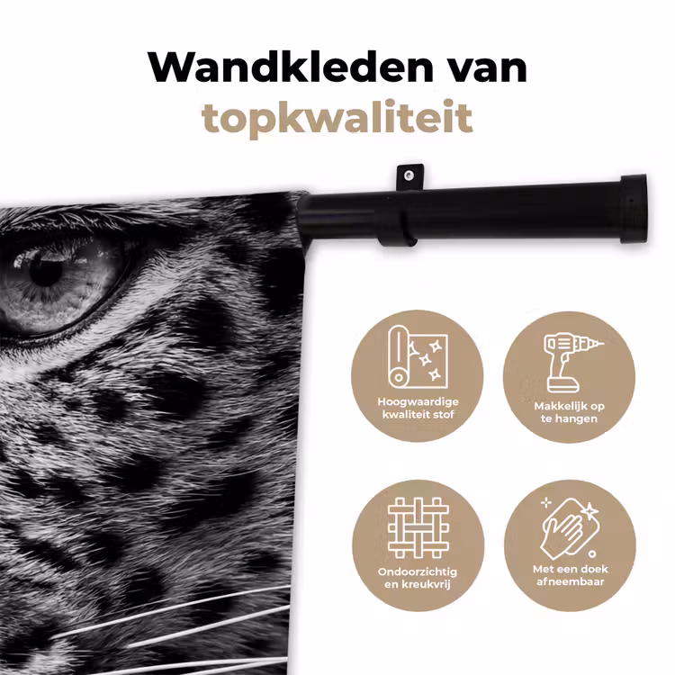 Luipaard - Zwart - Wit - Oog Wandkleed katoen klein -sfeer2