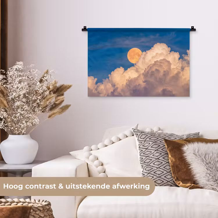 Maan - Wolken - Natuur - Oranje Wandkleed katoen klein -sfeer1