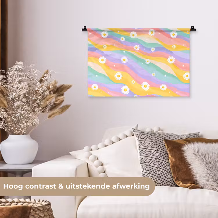 Madeliefjes - Kleurrijk - Pastel - Vrolijk Wandkleed katoen klein -sfeer1