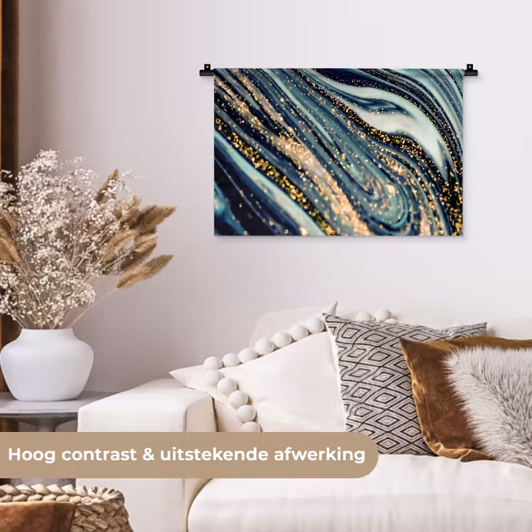 Marmer - Goud - Blauw - Glitter - Marmerlook - Abstract Wandkleed katoen klein -sfeer1